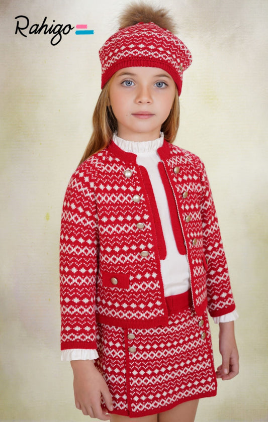 Rahigo Girls Red & Cream Cardigan, Blouse & Skirt Set - AW26 (Preorder)