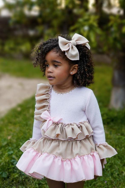 Ela Confeccion AW25 Girls Baby Pink & Camel Knitted Ruffle Dress Set - (Made to order)