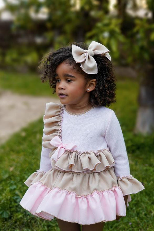 Ela Confeccion AW25 Girls Baby Pink & Camel Knitted Ruffle Dress Set - (Made to order)