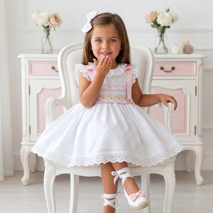 Sonata Girls White Plumetti Smocked Dress & Hairbow SS26 - (Made To Order)