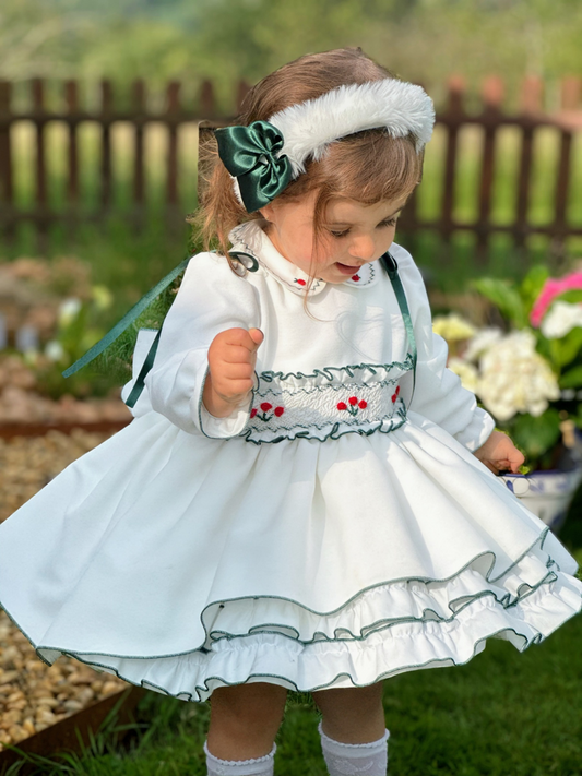 Girls White & Bottle Green Velvet Smocked Dress AW (Made to order)