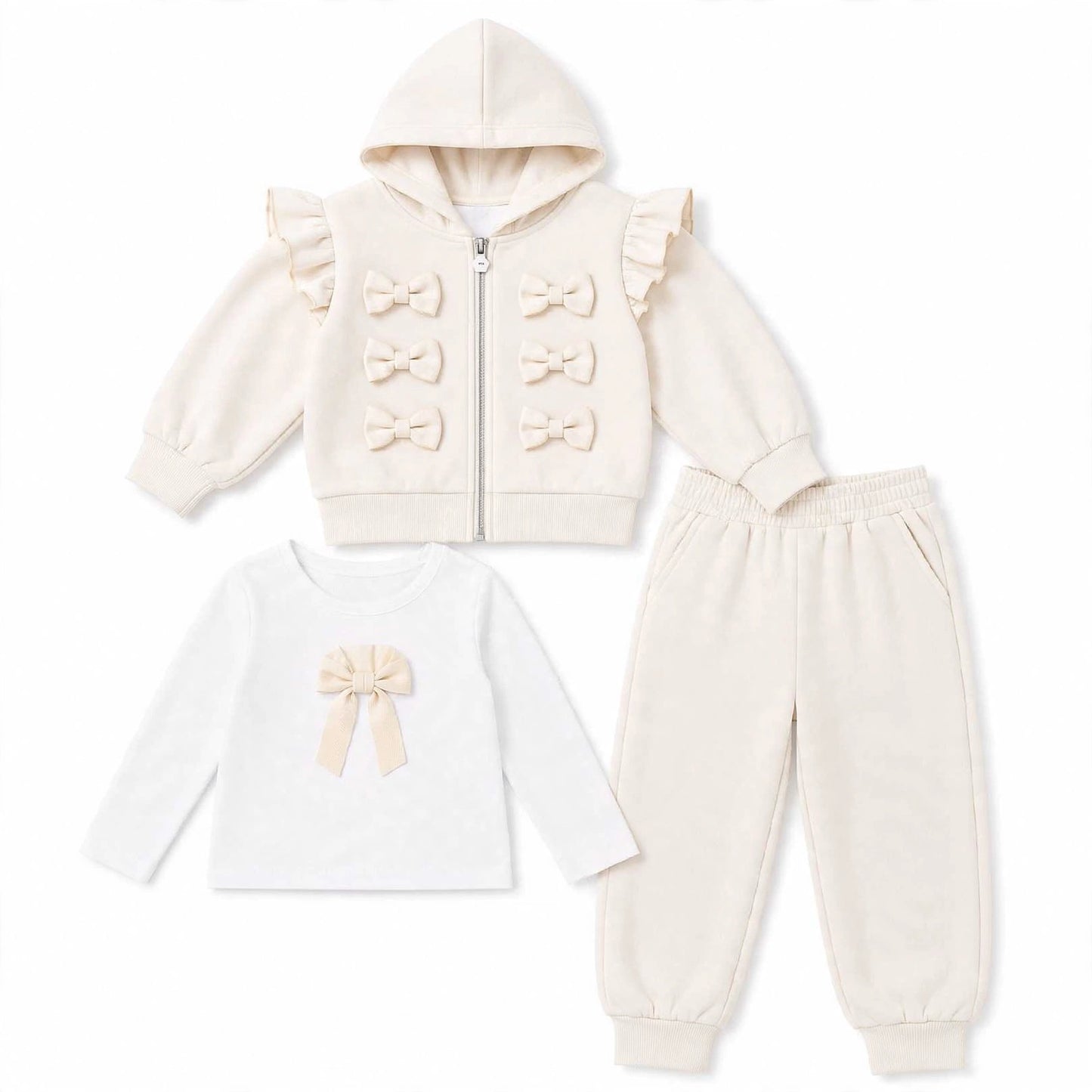 Girls Cream 3 Piece Bow Tracksuit Set (Preorder)