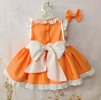 Sonata Girls Orange Smocked Polka Dot Dress & Hairbow SS26 - (Made To Order)