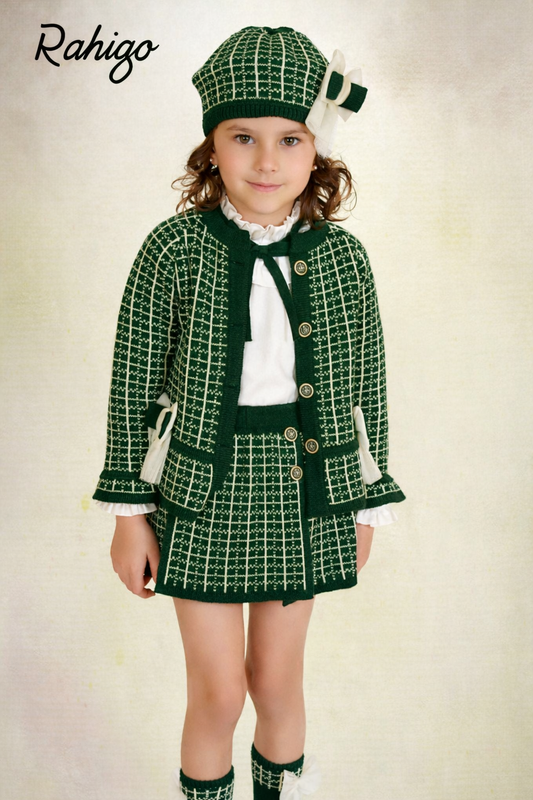 Rahigo Girls Bottle Green & Camel Cardigan, Blouse, Skirt & Socks Set - AW26 (Preorder)