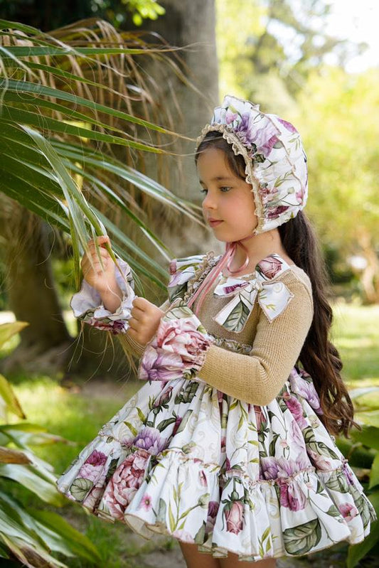Ela Confeccion AW25 Girls Camel Knitted Floral Puffball Dress Set - (Made to order)