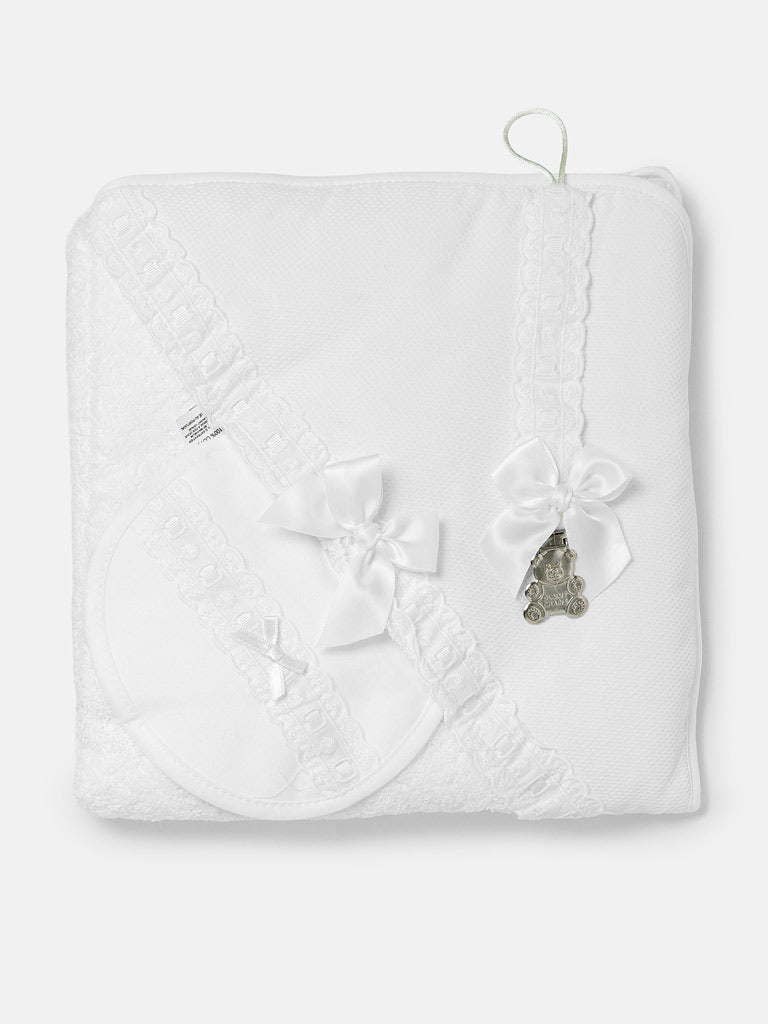 Unisex Baby White 3-piece Bath Set - Hooded Towel, Bib & Dummy Clip