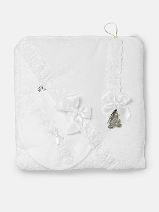 Unisex Baby White 3-piece Bath Set - Hooded Towel, Bib & Dummy Clip