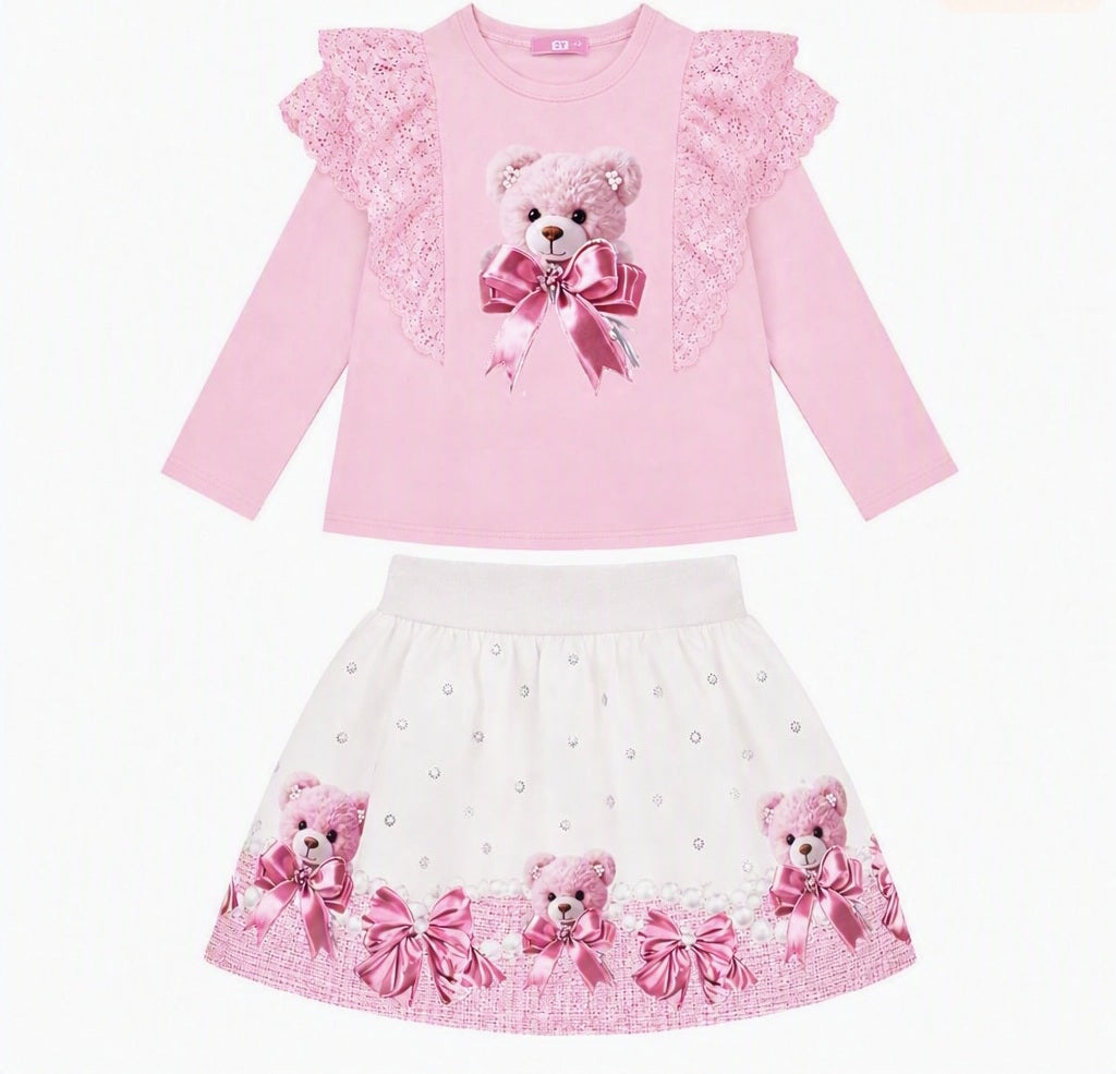 Girls Pink Teddybear Bow Top & Skirt Set (Preorder)