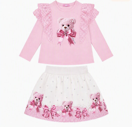 Girls Pink Teddybear Bow Top & Skirt Set (Preorder)