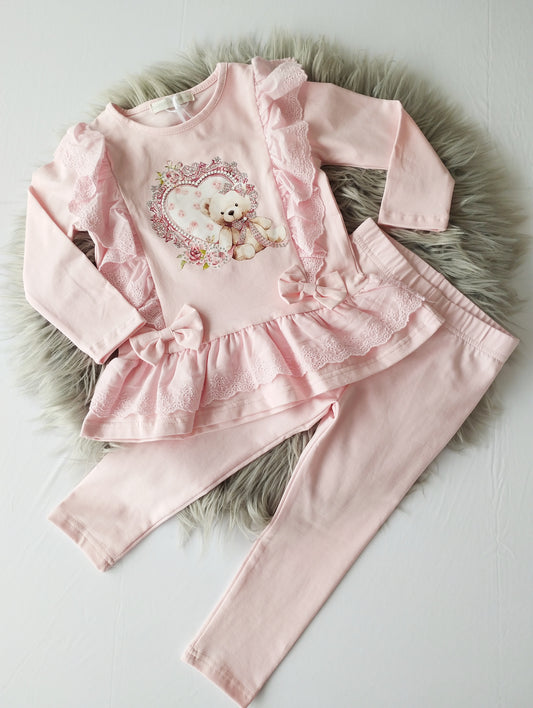 Girls Pink Heart Bear Top & Leggings Set