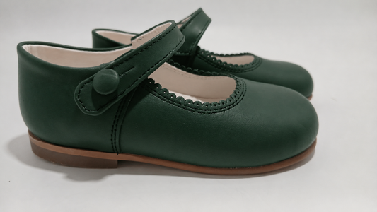 Girls Bottle Green Matte Leather Button Mary Jane Shoes (Preorder)