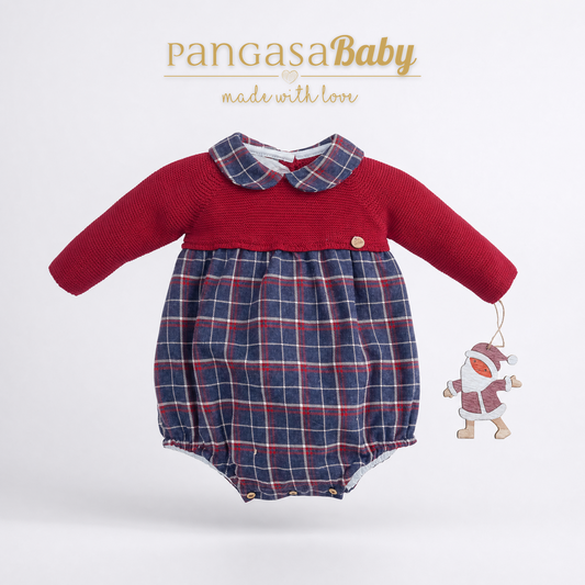 Pangasa Baby Checked Halfknit Garnet Red Romper ~ AW26 Preorder