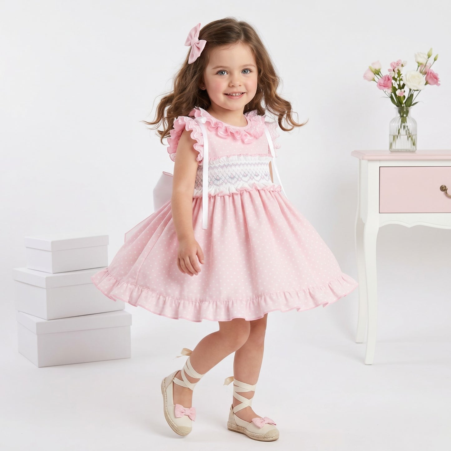 Sonata Girls Pink Smocked Polka Dot Dress & Hairbow SS26 - (Made To Order)