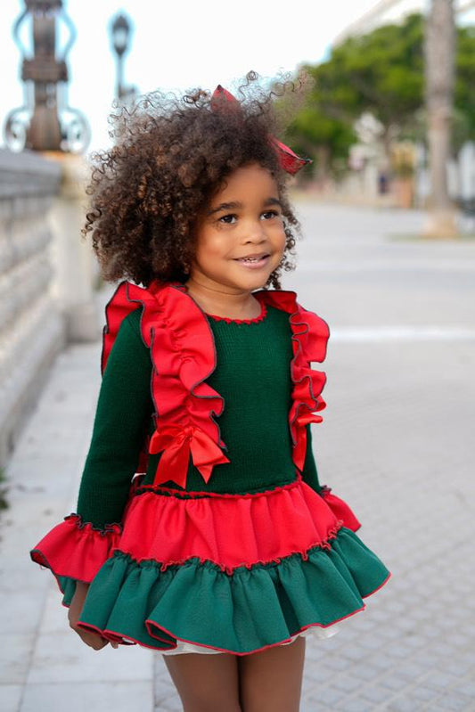 Ela Confeccion AW25 Girls Bottle Green & Red Knitted Ruffle Dress Set - (Made to order)