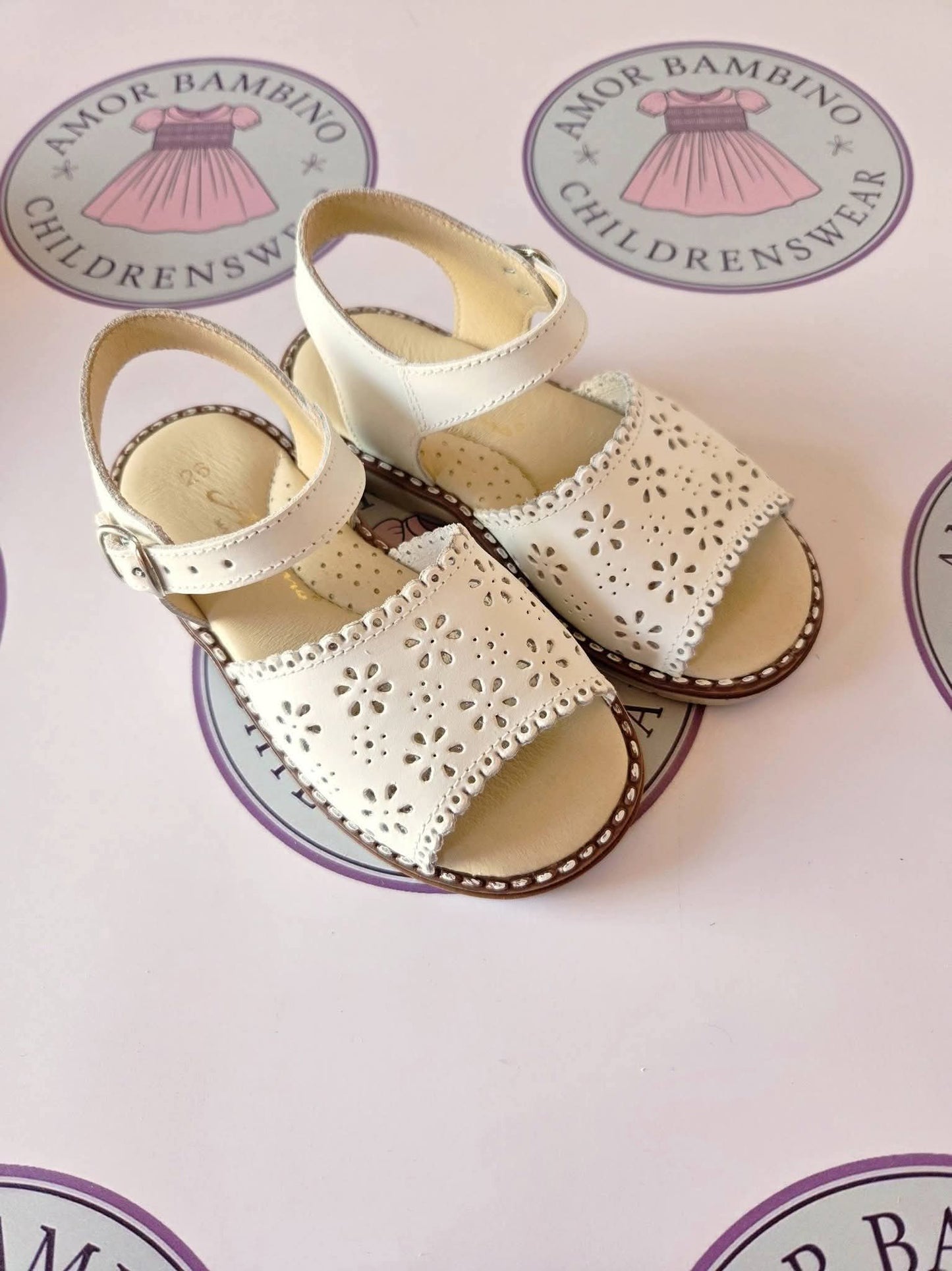 White Baby Girls Leather Hole Punch Flower Sandals (In Stock)