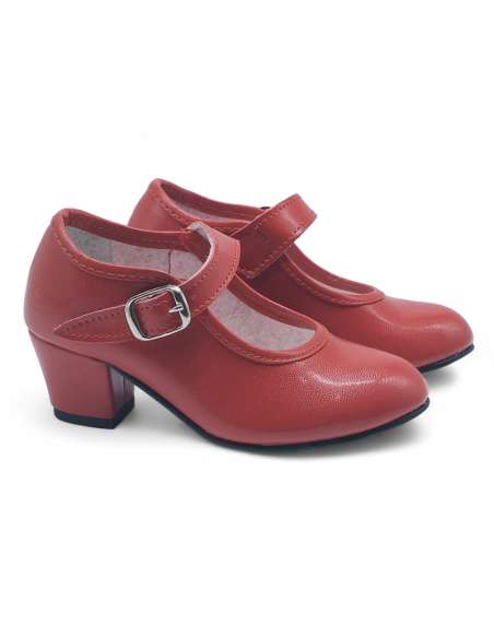 Red Girls Leather Heeled Shoes
