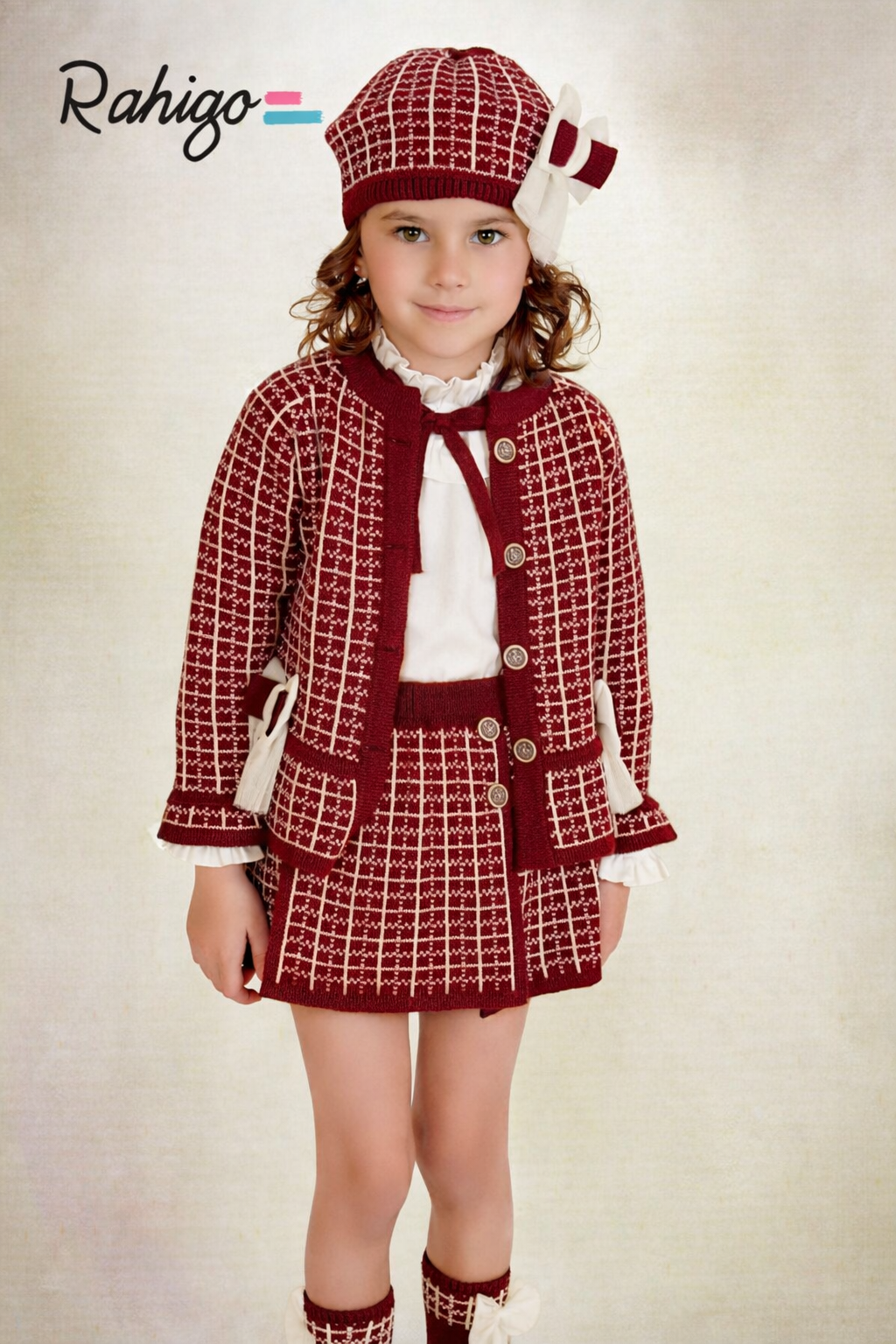 Rahigo Girls Burgandy & Cream Cardigan, Blouse, Skirt & Socks Set - AW26 (Preorder)