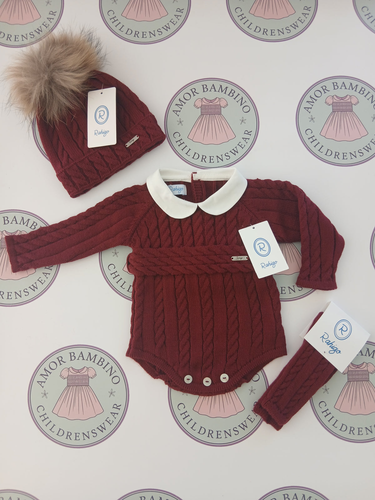 Rahigo Baby Boys Burgundy Red Romper, Pom Hat & Socks Set - AW26 In Stock