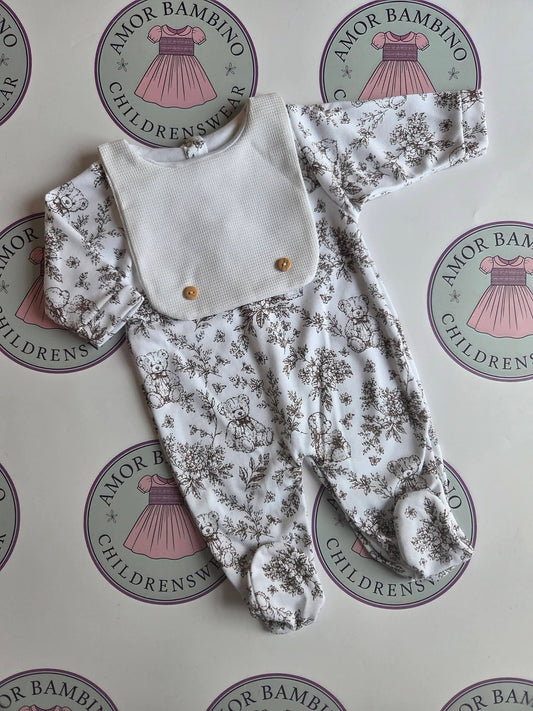 Baby Boys Chocolate Attached Bib Teddy Babygrow