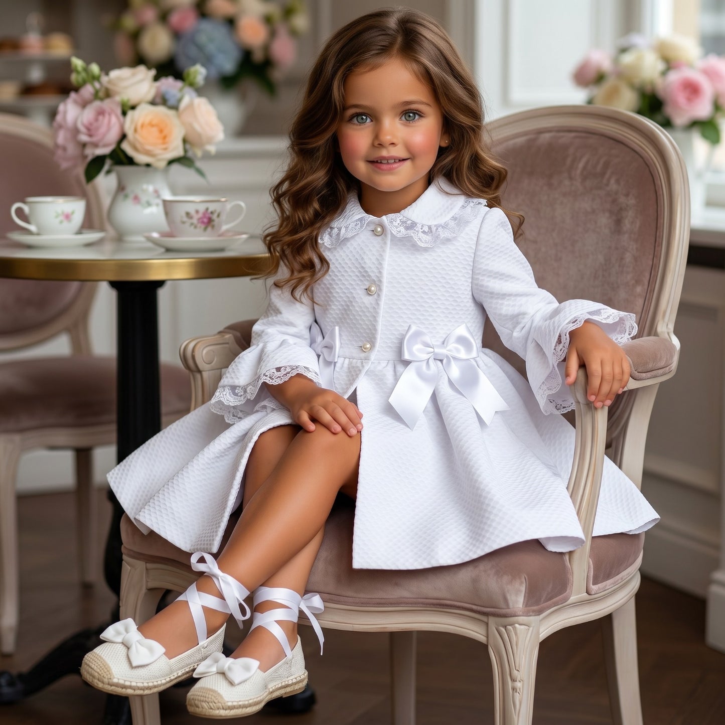 Sonata Girls White Pique Lace Coat SS26 - (Made To Order)