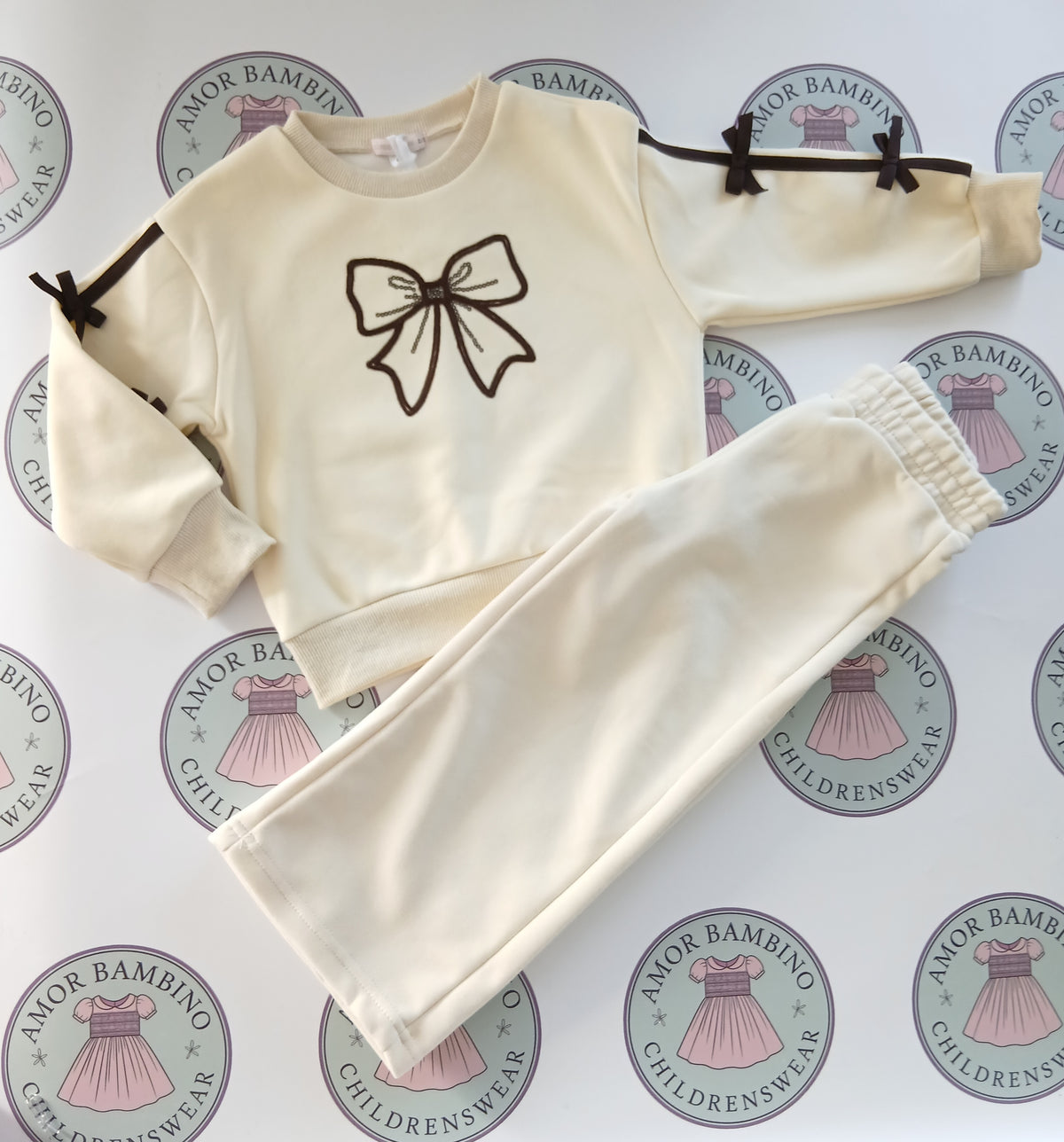 Girls Cream & Chocolate Bow Tracksuit Set In Stock