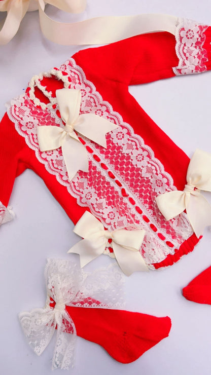 Ela Confeccion Red Hand Knitted Romper & Bonnet - (Made To Order)