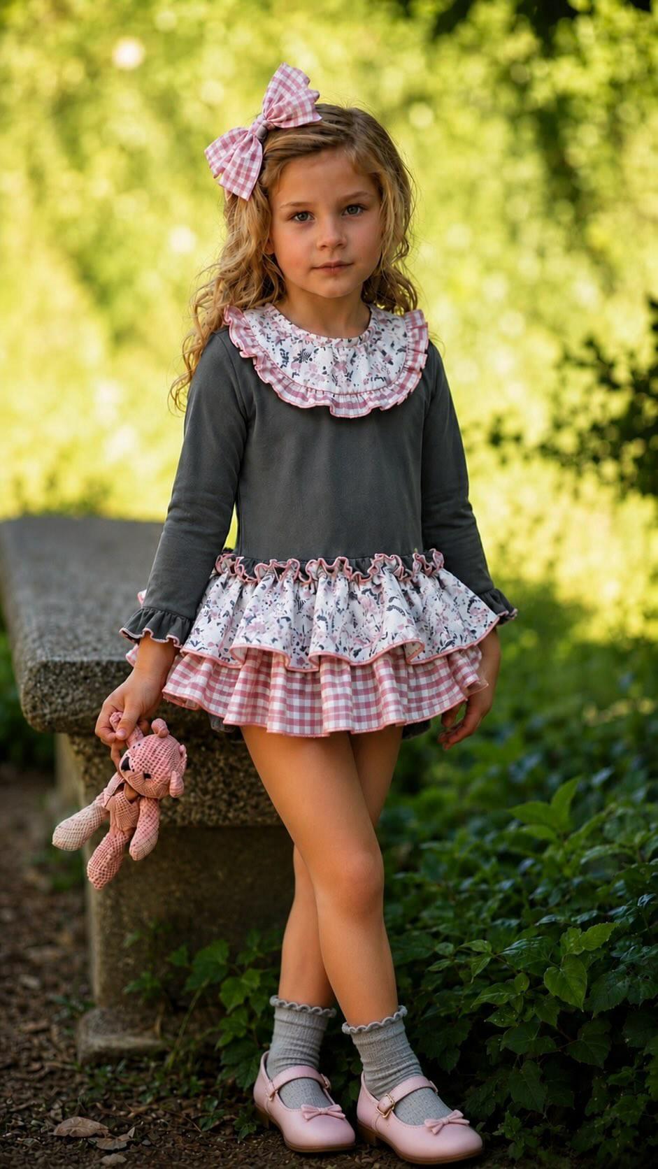 Ela Handmade Dusky Pink Checked Floral Dress, Knickers & Bow Set AW26  - (Made to order)