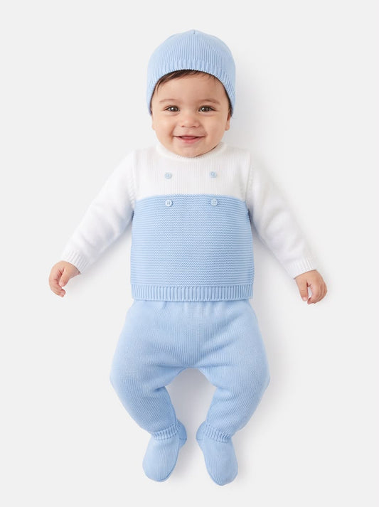 Baby Boys White & Blue 3 piece Knitted Set