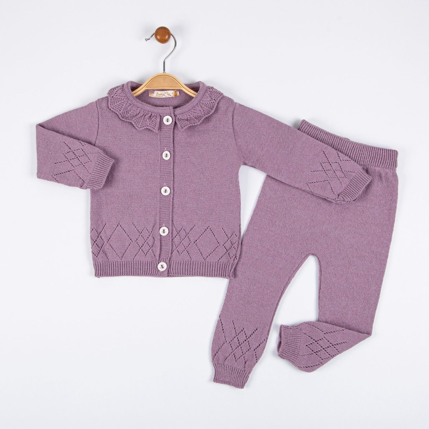 Baby Girls Knitted Diamond Embossed Diamond Cardigan & Bottoms Set