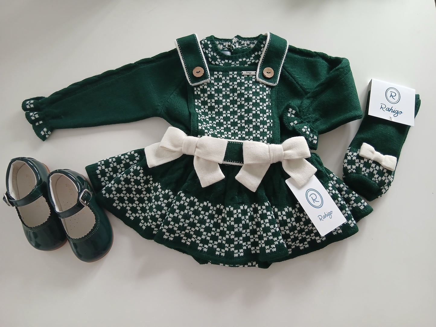 Girls Rahigo Bottle Green & Cream Pinafore & Jumper 4years