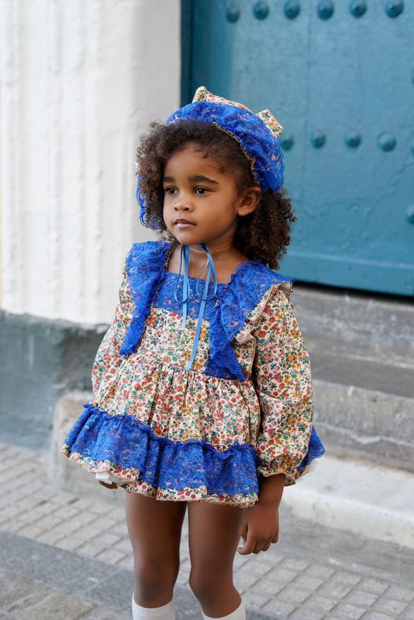 Ela Confeccion AW25 Girls Floral Blue Ruffle Dress Set - (Made to order)