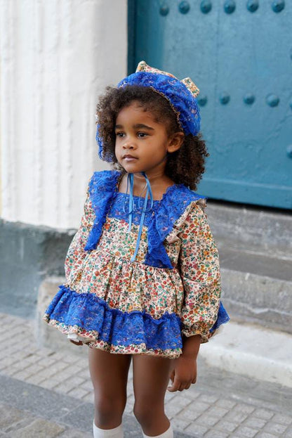 Ela Confeccion AW25 Girls Floral Blue Ruffle Dress Set - (Made to order)