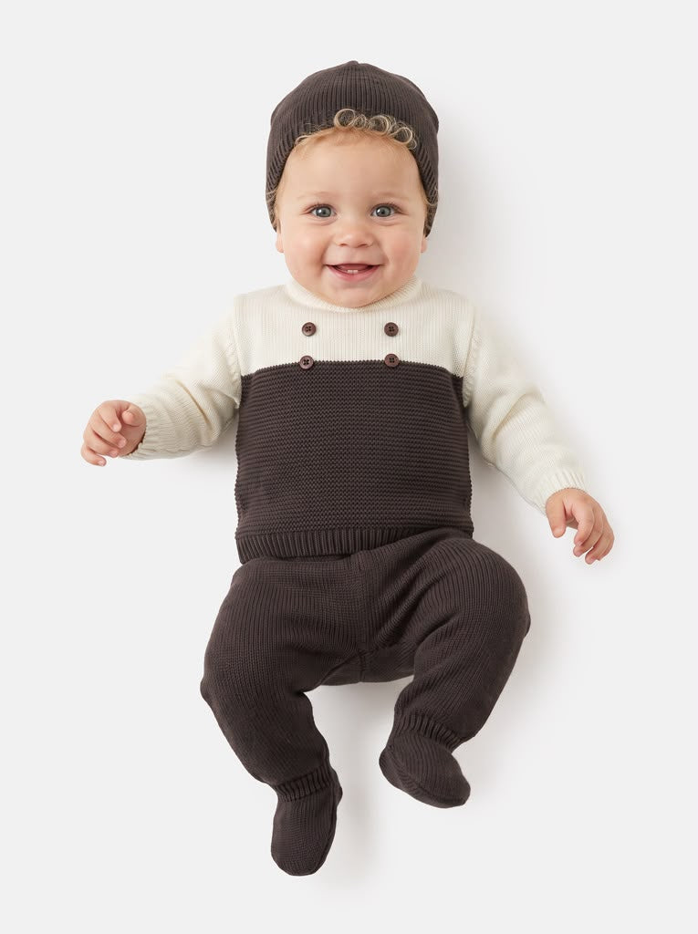 Baby Boys White & Chocolate Brown 3 piece Knitted Set