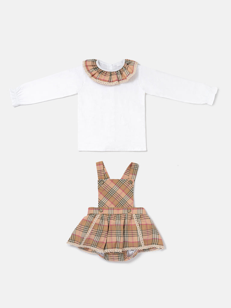 Babygirls Beige 2 Piece Tartan Romper