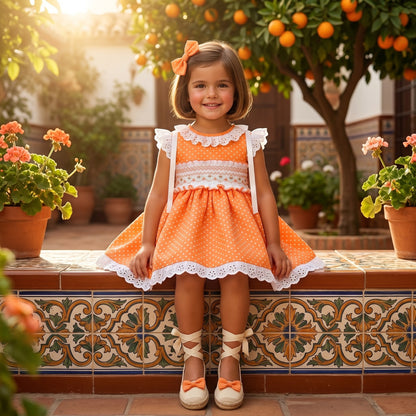 Sonata Girls Orange Smocked Polka Dot Dress & Hairbow SS26 - (Made To Order)