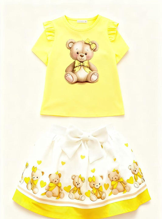 Yellow Teddybear Top & Skirt Set