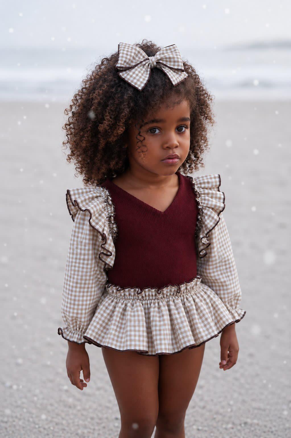 Ela Handmade Burgundy Gingham Dress, Knickers & Bow Set AW26  - (Made to order)
