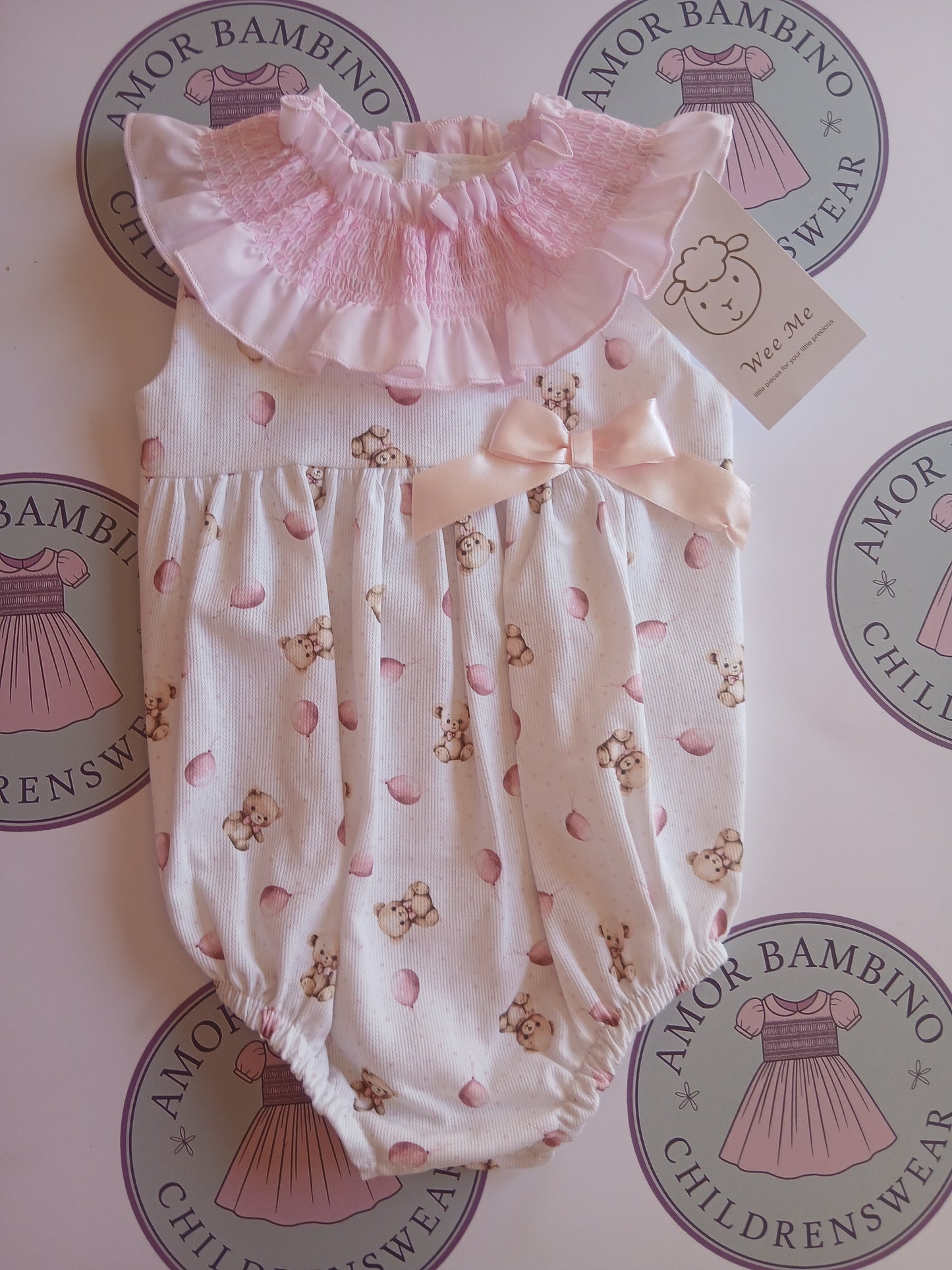 Baby Girl Pink Teddy Bear Smocked Romper