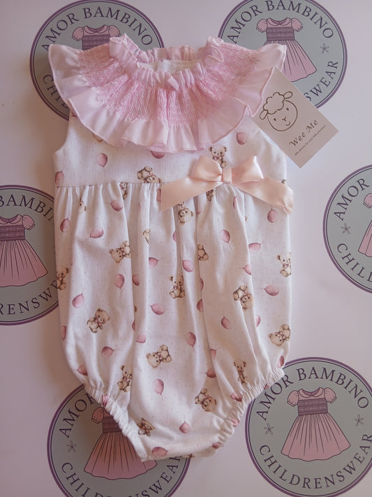 Baby Girl Pink Teddy Bear Smocked Romper
