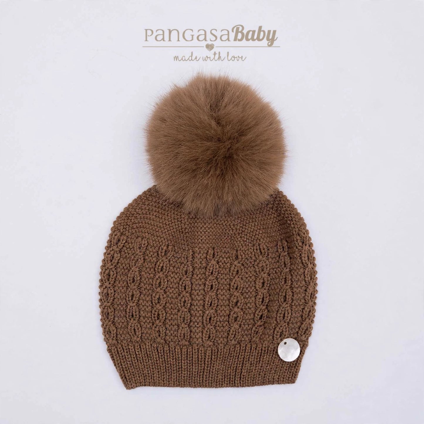 Pangasa Baby Camel Faux Fur Pom Cable Hat - Preorder