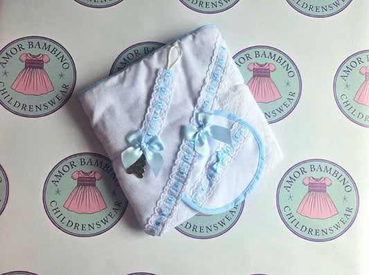 Boys Baby Blue & White 3-piece Bath Set - Hooded Towel, Bib & Dummy Clip