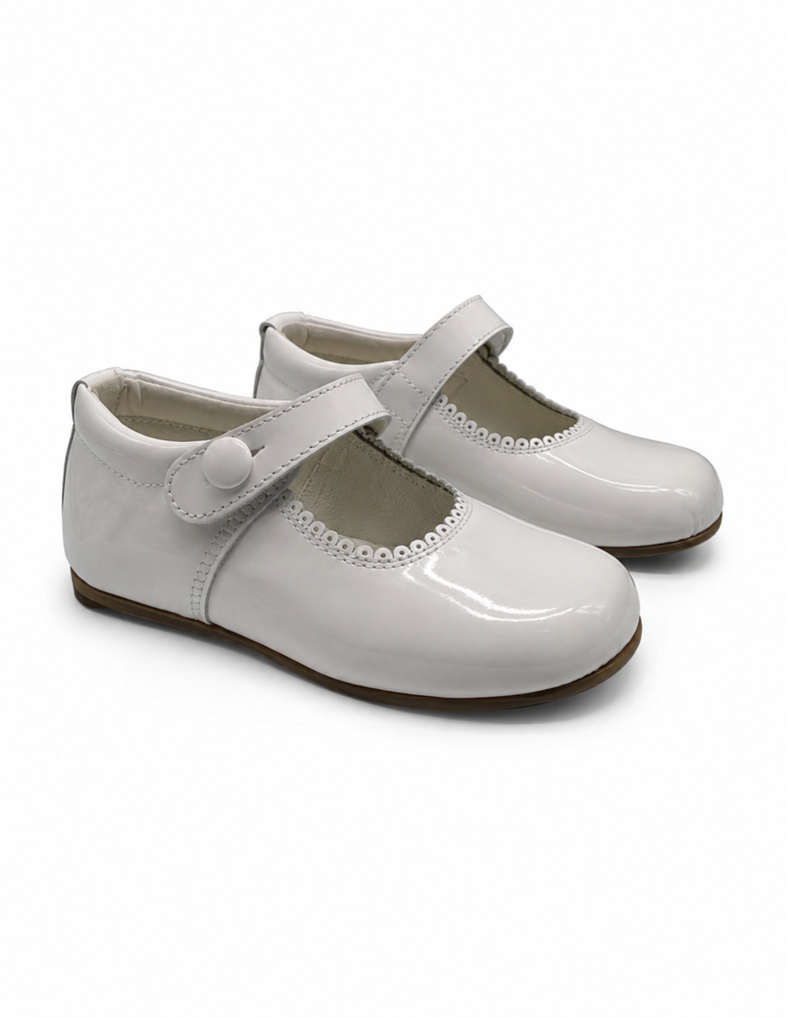 Girls White Patent Leather Mary Janes Button Shoes (Preorder)