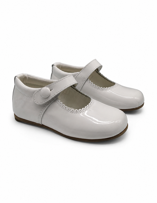 Girls White Patent Leather Mary Janes Button Shoes (Preorder)