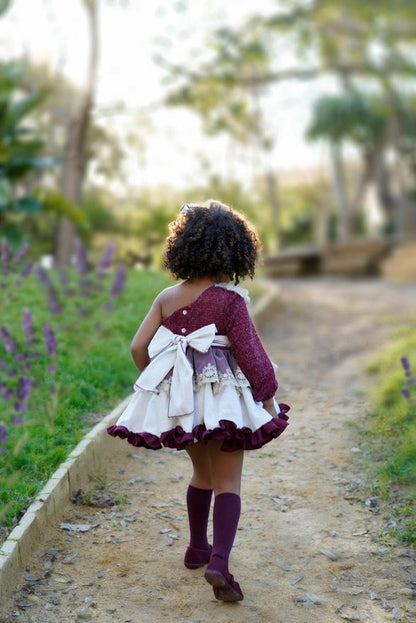 Ela Confeccion AW25 Girls Burgundy & Cream Handmade Dress Set - (Sold out)
