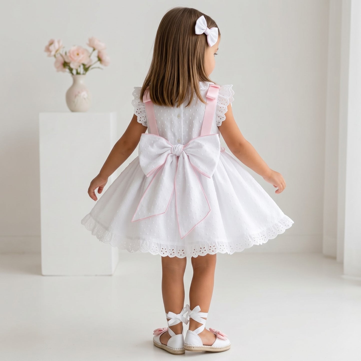 Sonata Girls White Plumetti Smocked Dress & Hairbow SS26 - (Made To Order)
