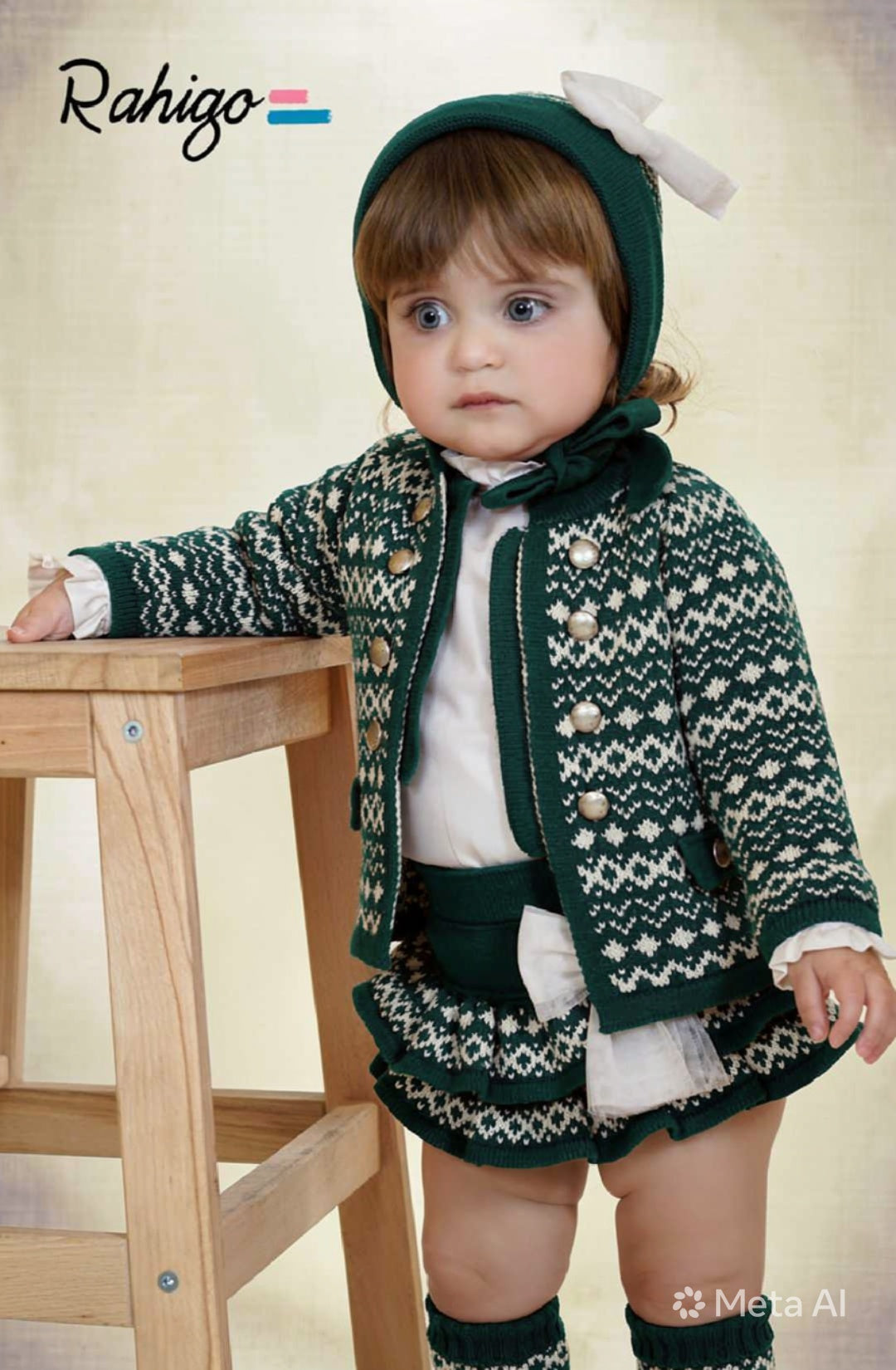 Rahigo Baby Girls Bottle Green & Cream Cardigan, Blouse & Skirt Set - AW26 (Preorder)