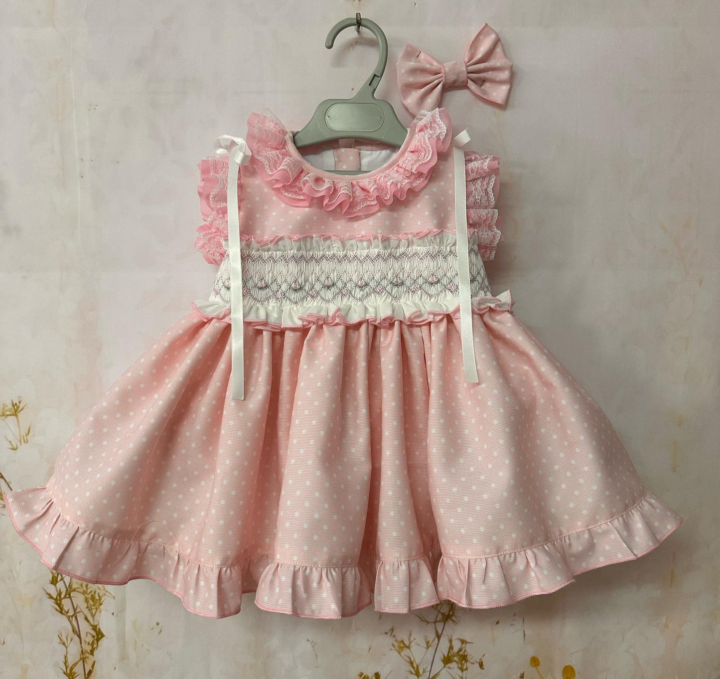 Sonata Girls Pink Smocked Polka Dot Dress & Hairbow SS26 - (Made To Order)