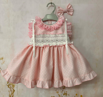 Sonata Girls Pink Smocked Polka Dot Dress & Hairbow SS26 - (Made To Order)