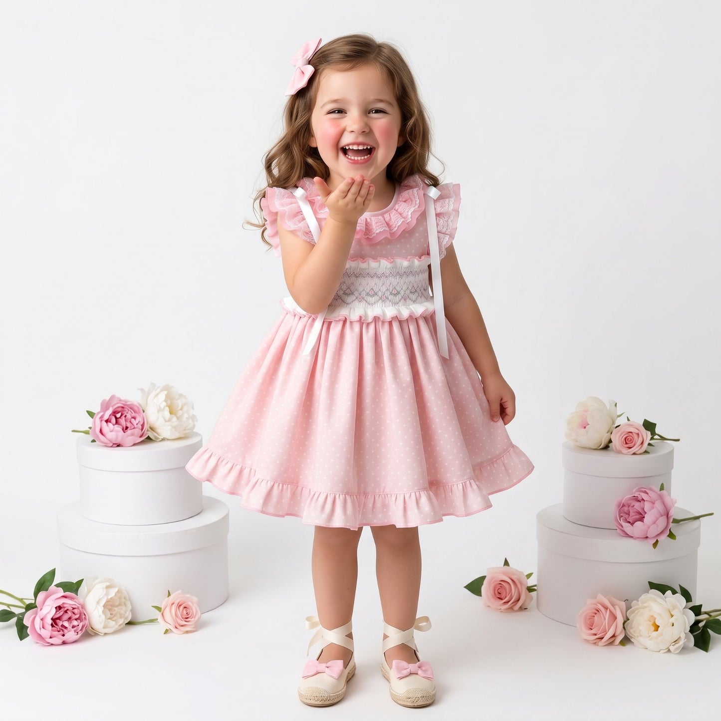 Sonata Girls Pink Smocked Polka Dot Dress & Hairbow SS26 - (Made To Order)