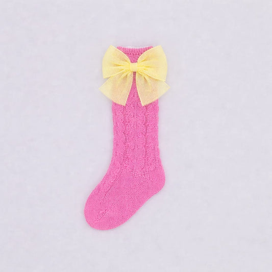 Rahigo Baby Girls Fushia Pink & Lemon Yellow Tulle Bow Socks - SS26 Preorder